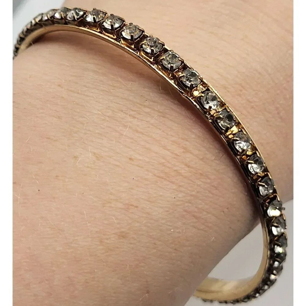 Glamour Goldtone Rhinestone Bangle Bracelet 2.5in diameter